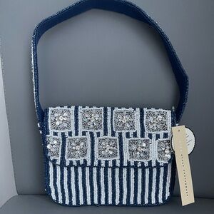 Studio 12 Blue and White Stripped Travel Beaded Bag Purse Handcrafted In India